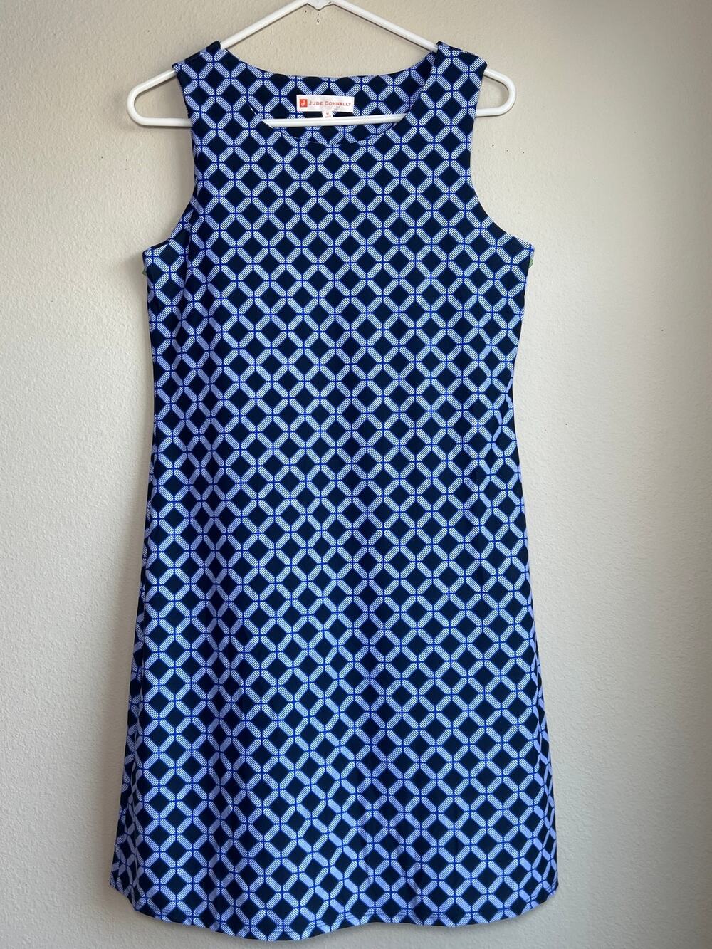 Jude Connally Beth Blue Geometric Trellis Nylon Spandex Shift Tunic Dress M